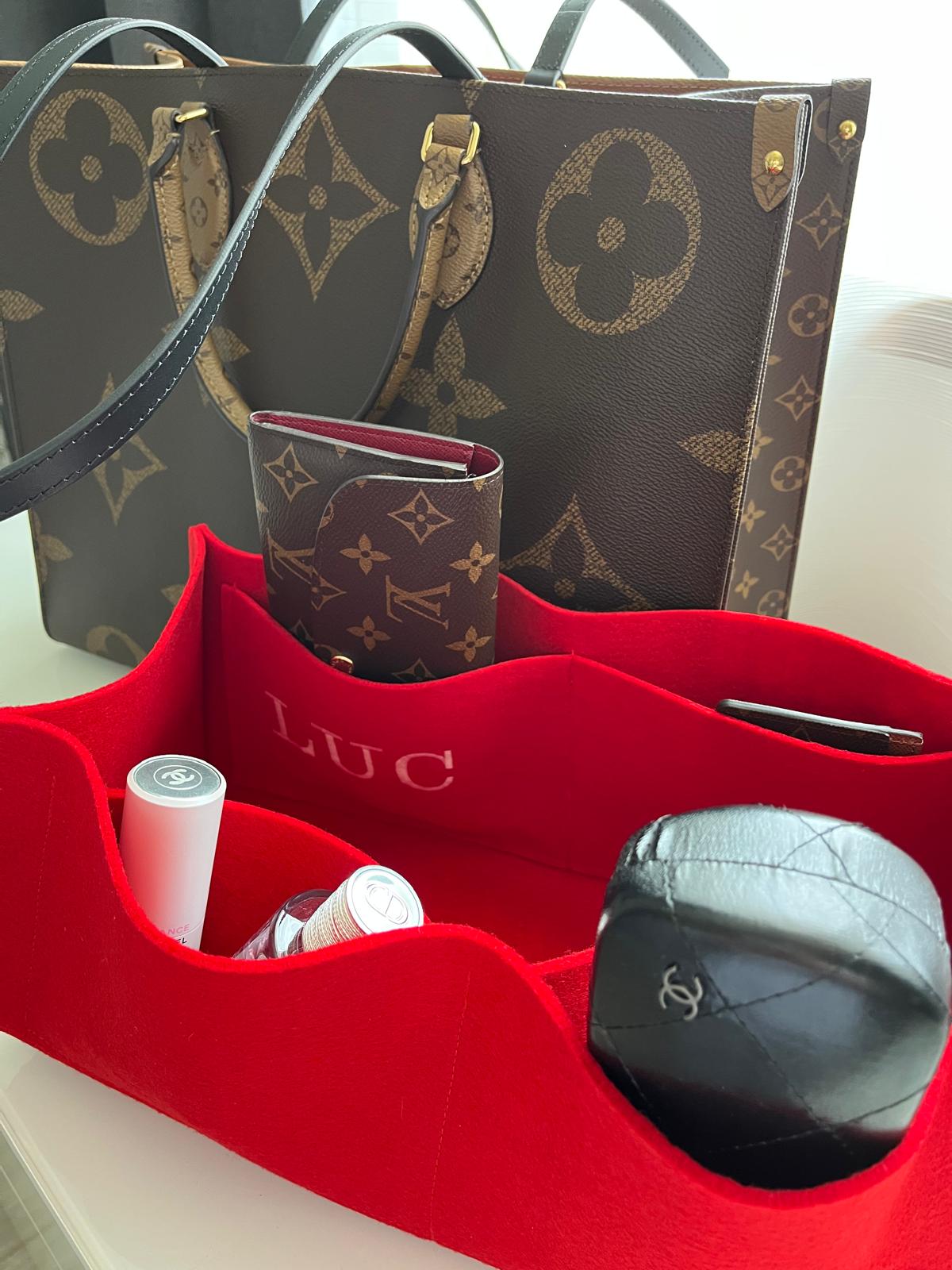 LuLu felt organizer in red with monogram beside a tote