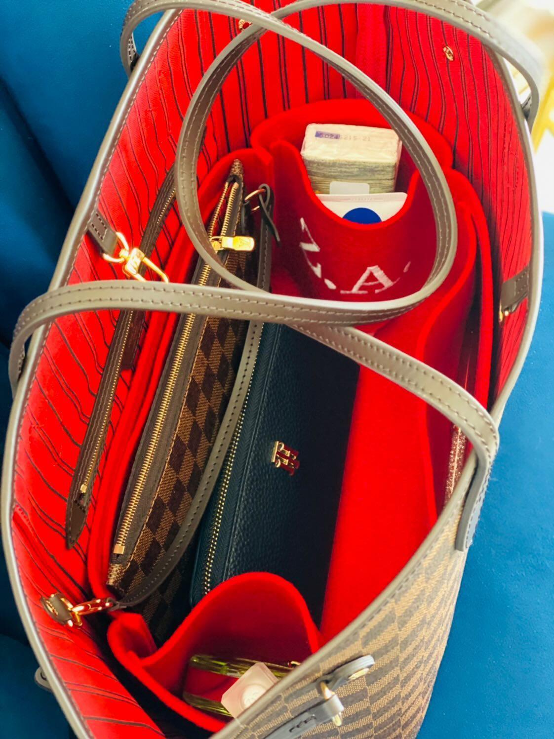 LuLu felt organizer in red inside a luxury tote